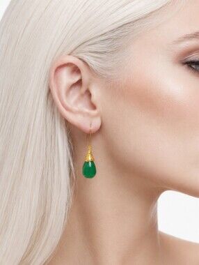 Lightweight Earrings Gold-plated Natural green Jade Stone Small Teardrops